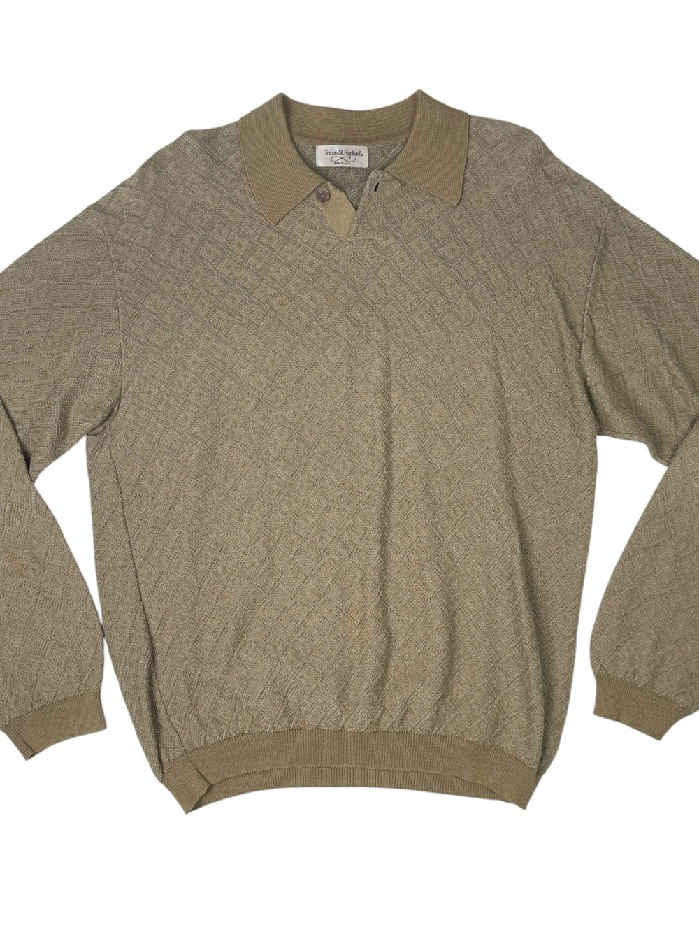 VTG Tricots St Raphael Knit Polo Sweater Mens L Tan Diamond Pattern Made In USA